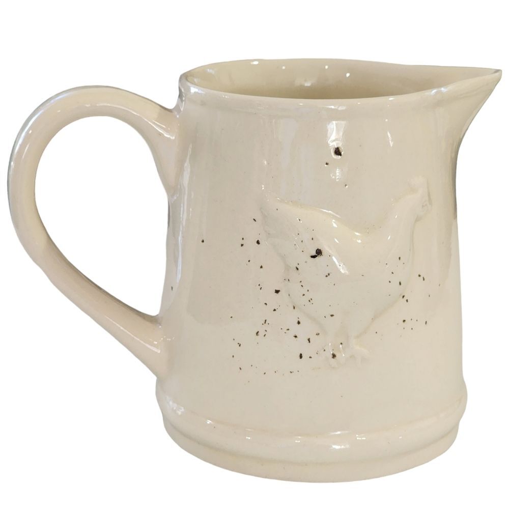 Vintage Bone White Ceramic Pitcher Embossed Hen Farmhouse Style 6H x‎ 8W